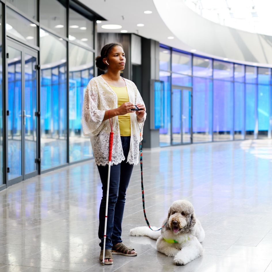 Woman with a guide dog using the Hable One in public