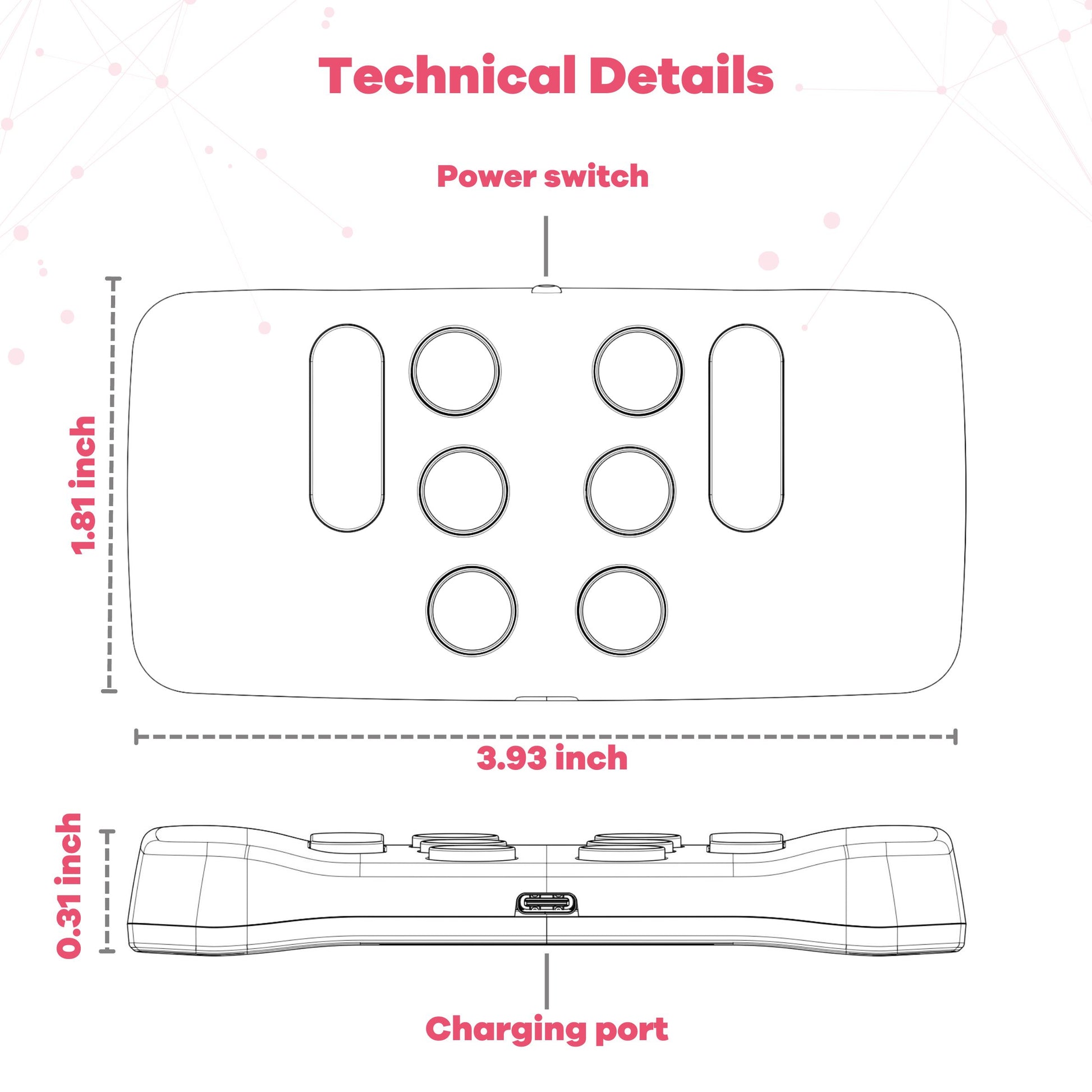 The image provides technical details of the Hable One Braille keyboard, showing a simple line drawing of the device from a top and side view. The dimensions are labeled: 1.81 inches in height, 3.93 inches in width, and 0.31 inches in thickness. The diagram also points out the location of the power switch on the top of the device and the charging port on the bottom. The text at the top reads, "Technical Details."