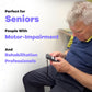 The image shows an elderly man using a Hable Easy device with 8 buttons for easy navigation and communication without touching a screen. The text reads, "Perfect for Seniors, People with Motor-Impairment, and Rehabilitation Professionals."