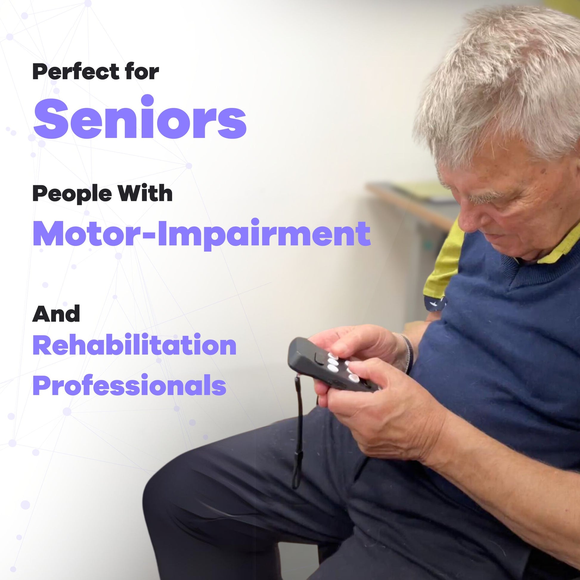 The image shows an elderly man using a Hable Easy device with 8 buttons for easy navigation and communication without touching a screen. The text reads, "Perfect for Seniors, People with Motor-Impairment, and Rehabilitation Professionals."